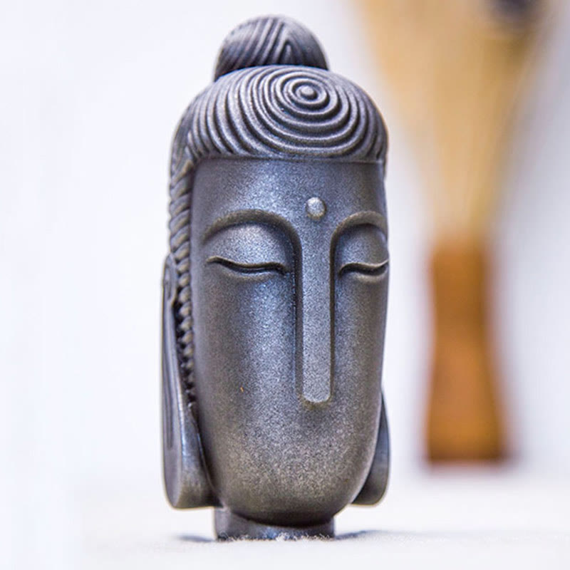 Closed Eyes Meditating Buddha Statue – lifestyle setting on home office table, relaxing desk buddha accent