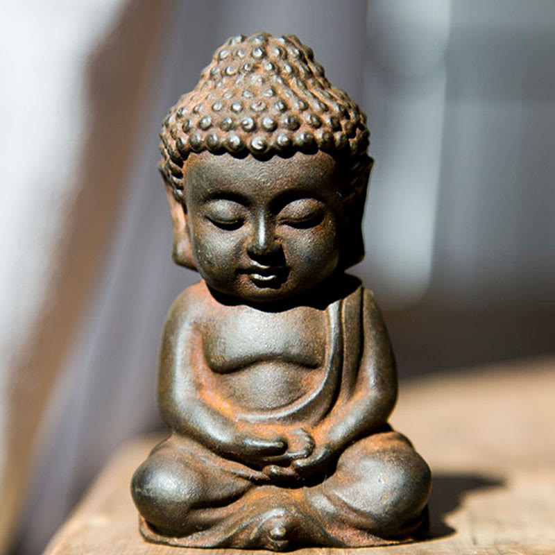 Small Sakyamuni Statue – pair of small Buddhas on wooden tray for twin altar display