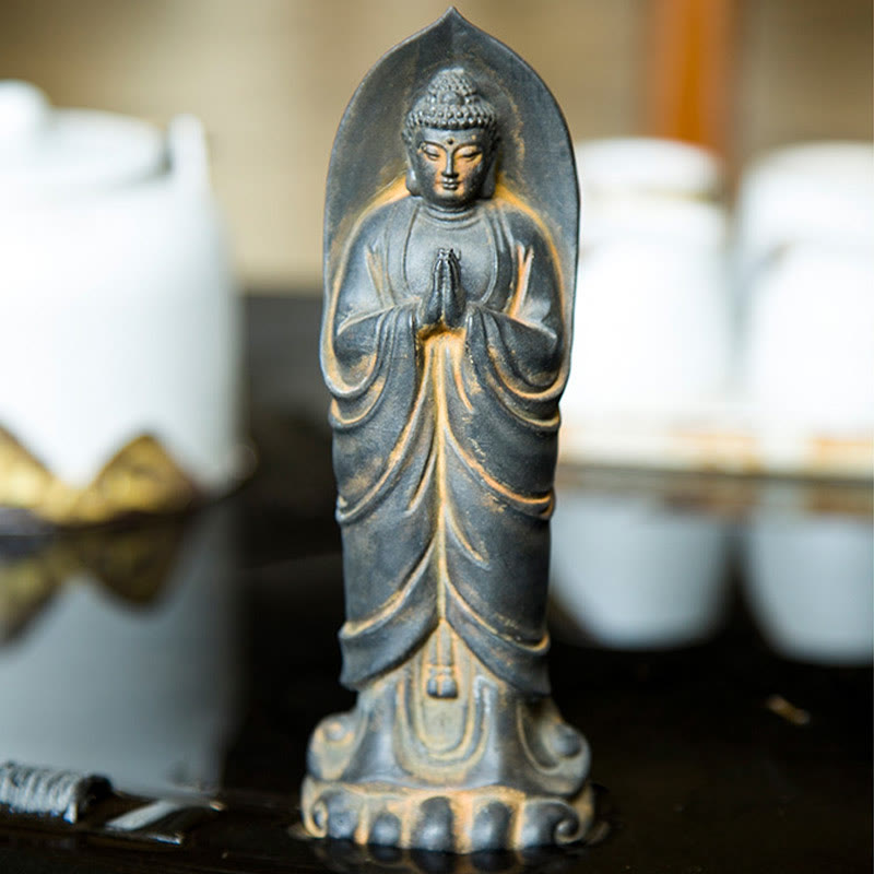 Sakyamuni Namaste Statue – manufacturing steps from resin pour to hand-applied patina