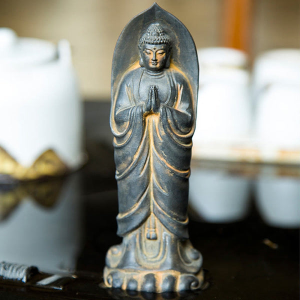 Sakyamuni Namaste Statue – manufacturing steps from resin pour to hand-applied patina