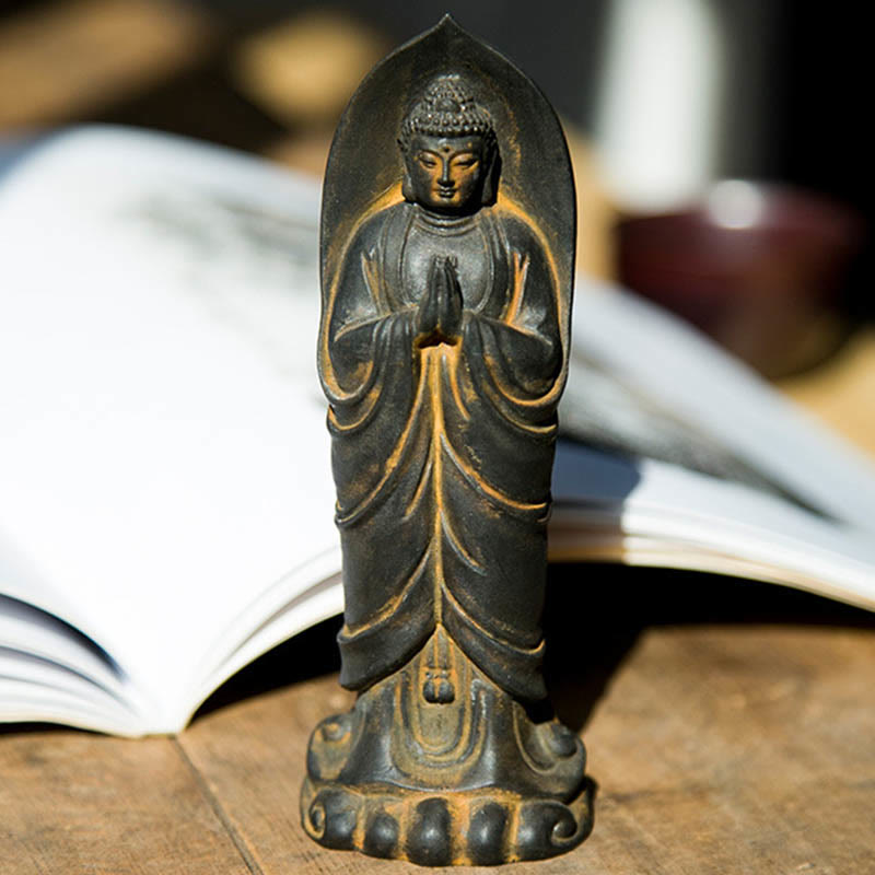 Sakyamuni Namaste Statue – back view with smooth robe draping and carved lotus base