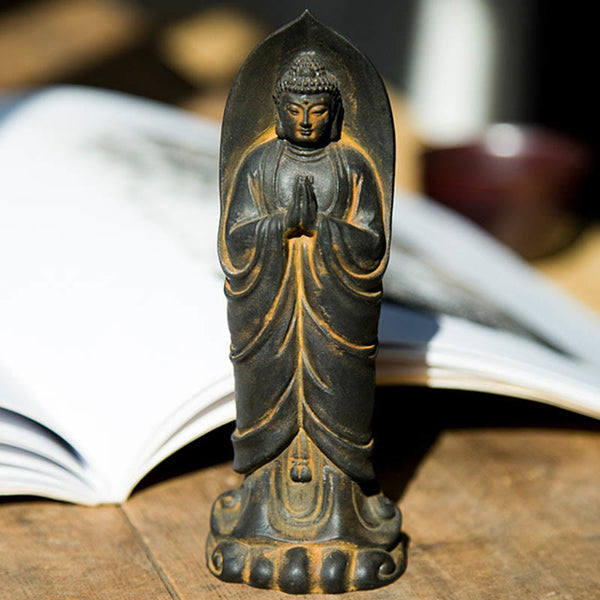 Sakyamuni Namaste Statue – back view with smooth robe draping and carved lotus base