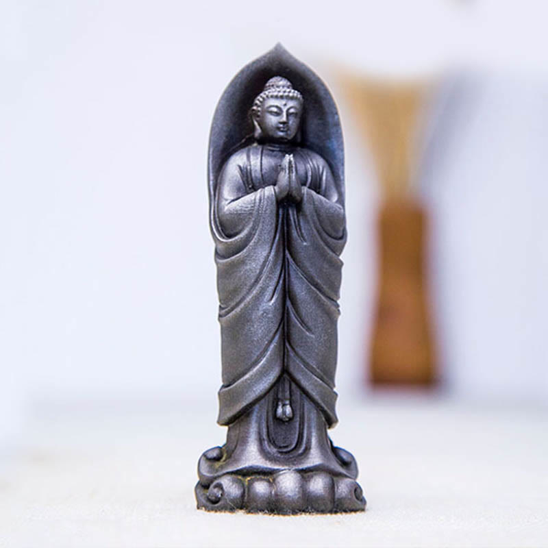 Sakyamuni Namaste Statue – flat lay on linen cloth showing base bottom and felt pad