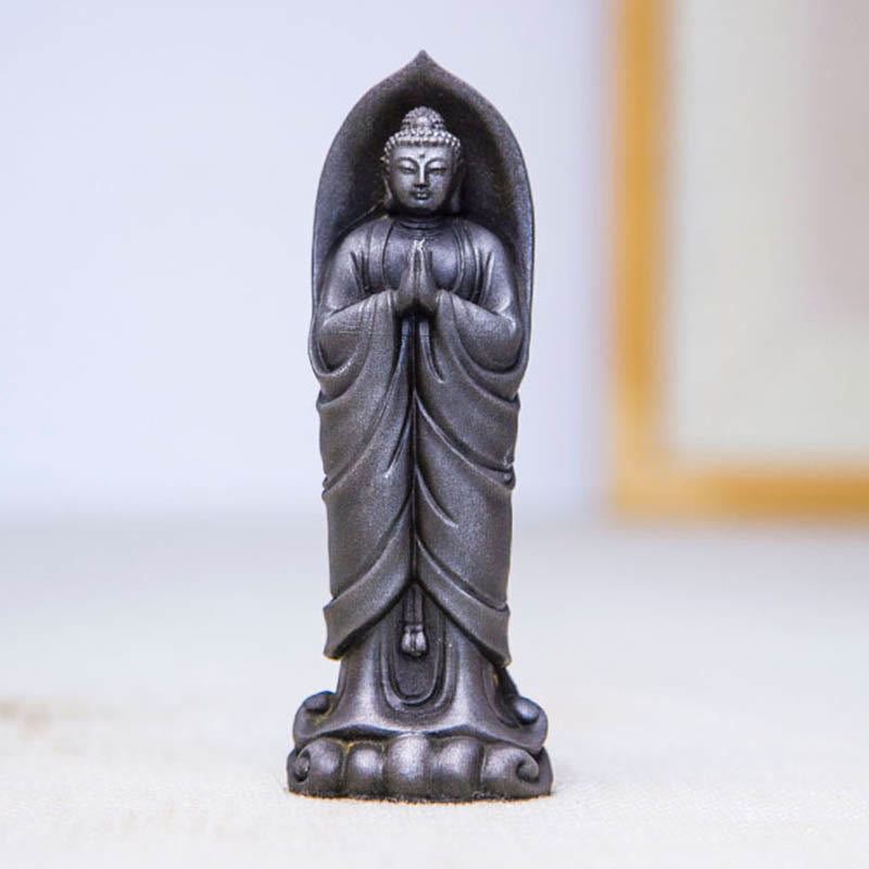 Sakyamuni Namaste Statue – entryway console arrangement with mirror and Buddha statue