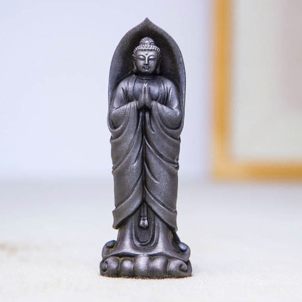 Sakyamuni Namaste Statue – entryway console arrangement with mirror and Buddha statue