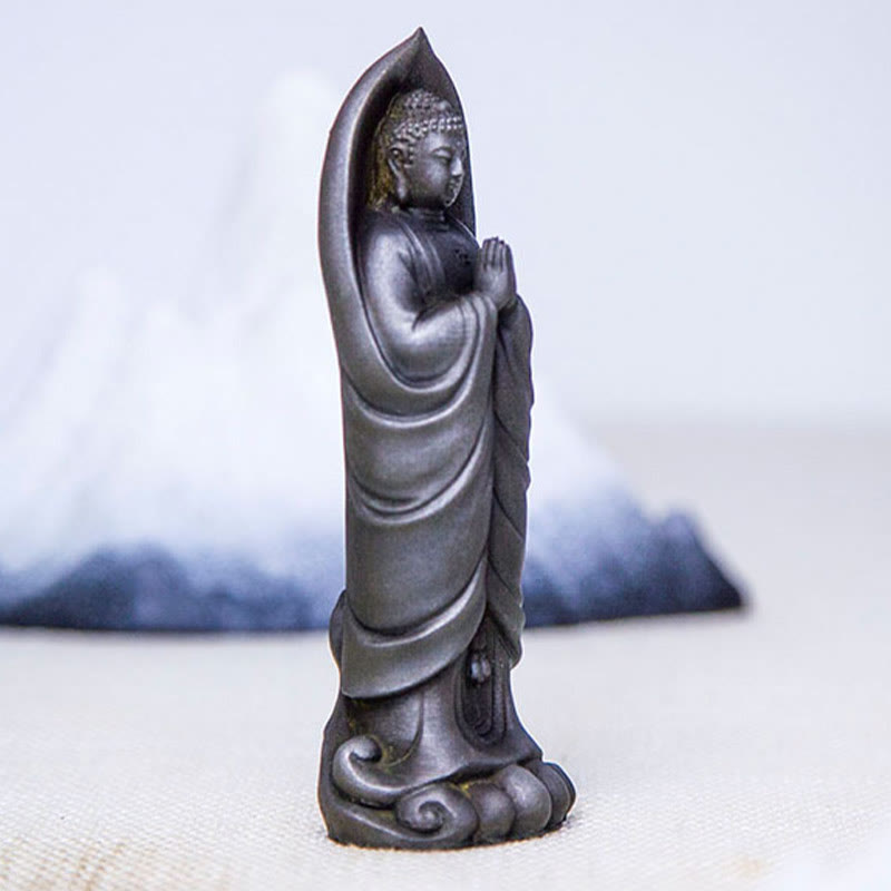 Sakyamuni Namaste Statue – close-up of ushnisha crown and hair curl snail shell detail