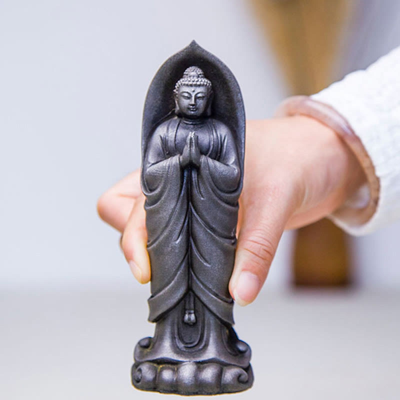 Sakyamuni Namaste Statue – statue in meditation corner with mat incense and singing bowl