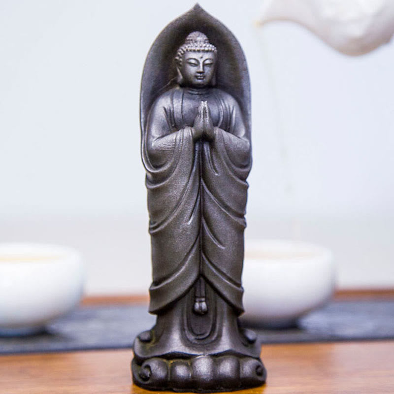 Sakyamuni Namaste Statue – hand-held scale photo showing tabletop size and proportion
