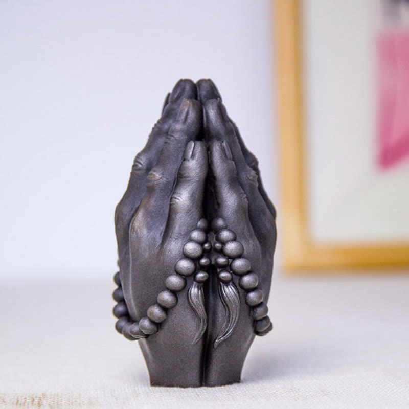 Buddha Hand Namaste Statue – entryway shelf arrangement with Buddha hand and succulent