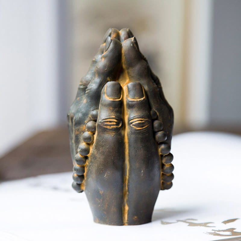 Buddha Hand Namaste Statue – casting process infographic from mold to painted finish