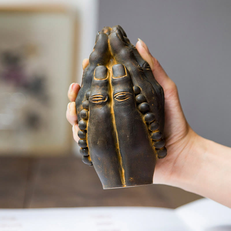 Buddha Hand Namaste Statue – back view with robe cuff detail and rounded arm base