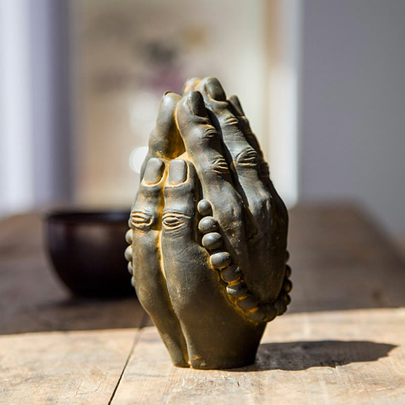 Buddha Hand Namaste Statue – close-up of thumb alignment and lifelike palm line texture