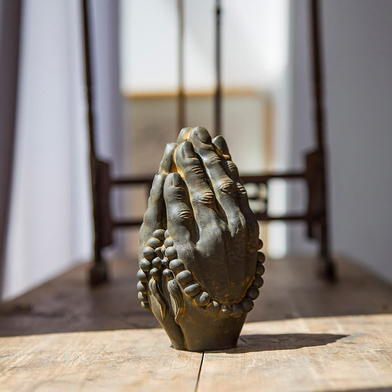 Buddha Hand Namaste Statue – hands on wooden base with felt pad for table protection