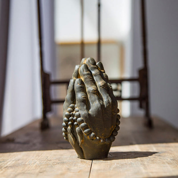 Buddha Hand Namaste Statue – hands on wooden base with felt pad for table protection