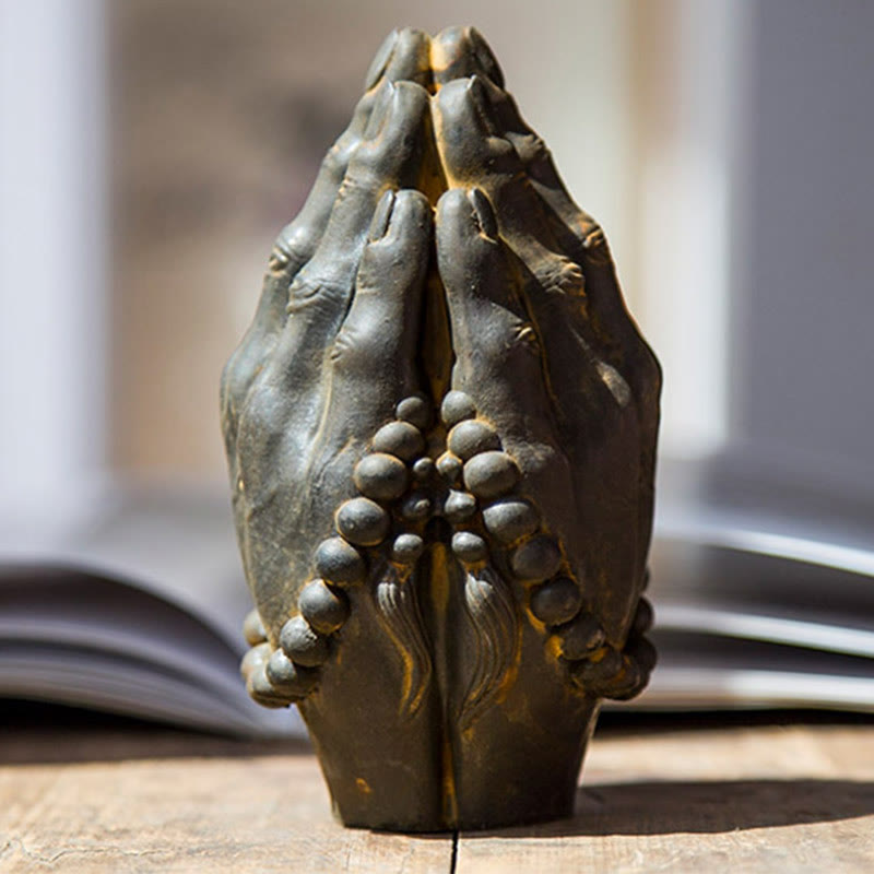 Buddha Hand Namaste Statue – full piece on console table with vase and candle decor
