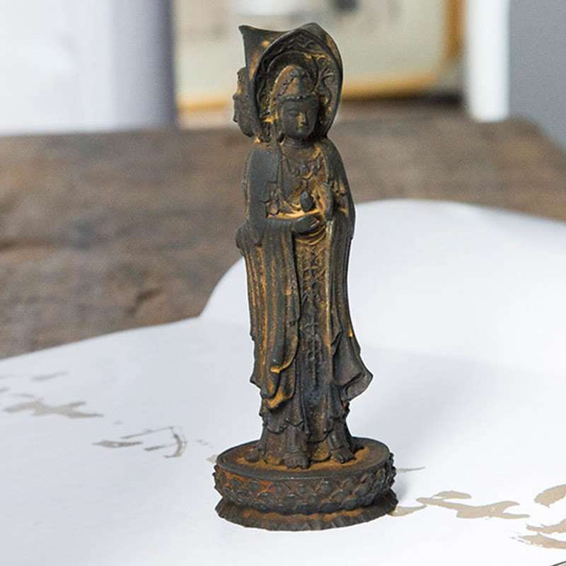 Three-Sided Kwan Yin Statue – back view with carved sutra text and lotus mandala halo