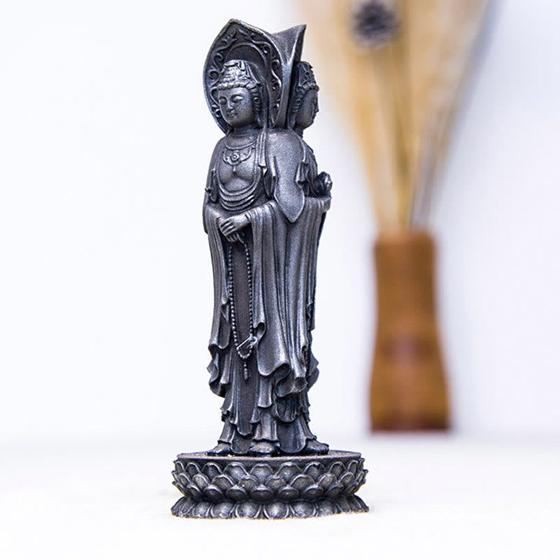 Three-Sided Kwan Yin Statue – close-up of earring and hair ornament filigree detail