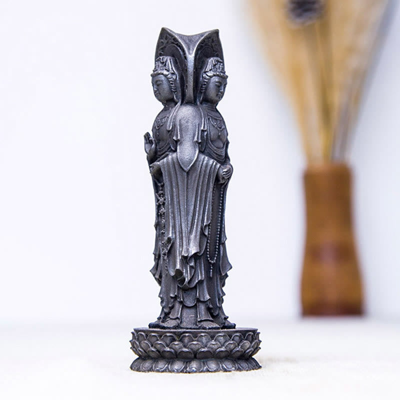 Three-Sided Kwan Yin Statue – three-quarter angle showing depth of three faces carving