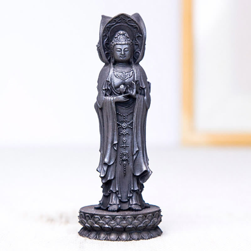 Three-Sided Kwan Yin Statue – rust brown and cream color palette detail on robe folds
