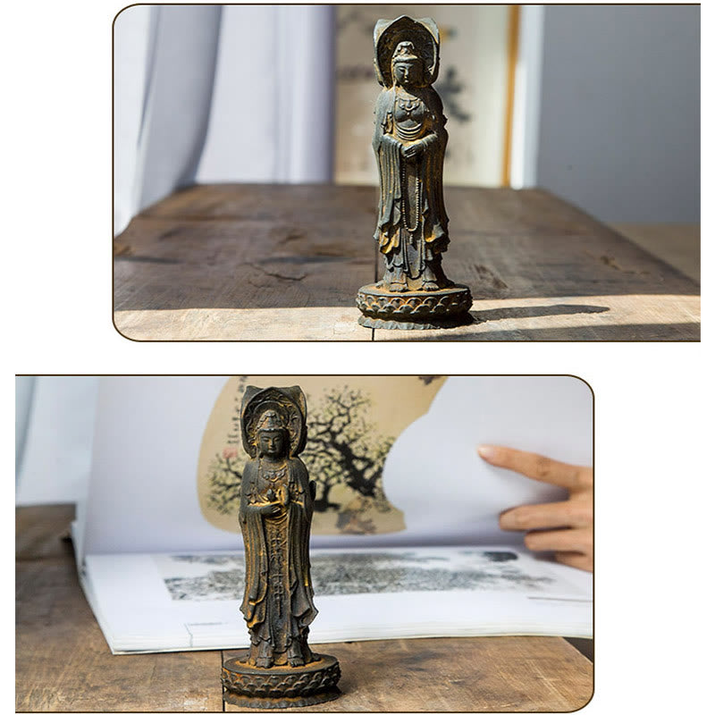 Three-Sided Kwan Yin Statue – hands in anjali mudra holding lotus stem with dew drops
