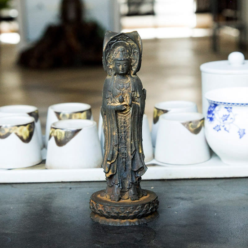 Three-Sided Kwan Yin Statue – resin iron powder finish detail on veil and robe texture
