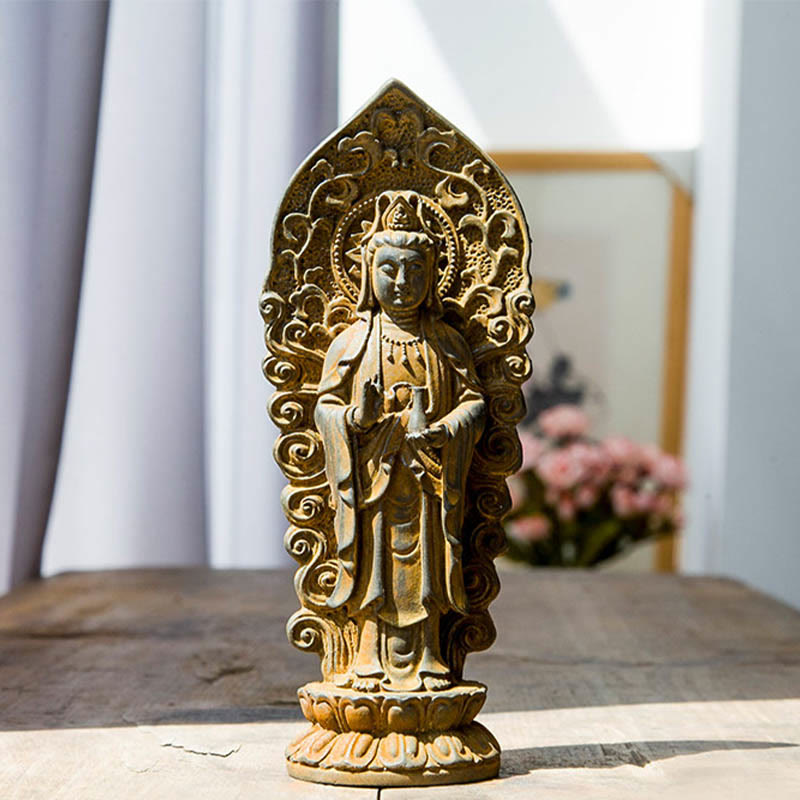 Amitabha Guanyin Trio Statue – trio on red silk altar cloth with prayer beads arrangement