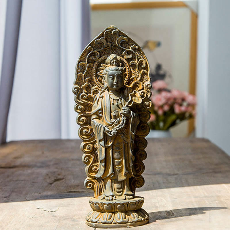Amitabha Guanyin Trio Statue – three resin deities on altar with Amitabha center seated