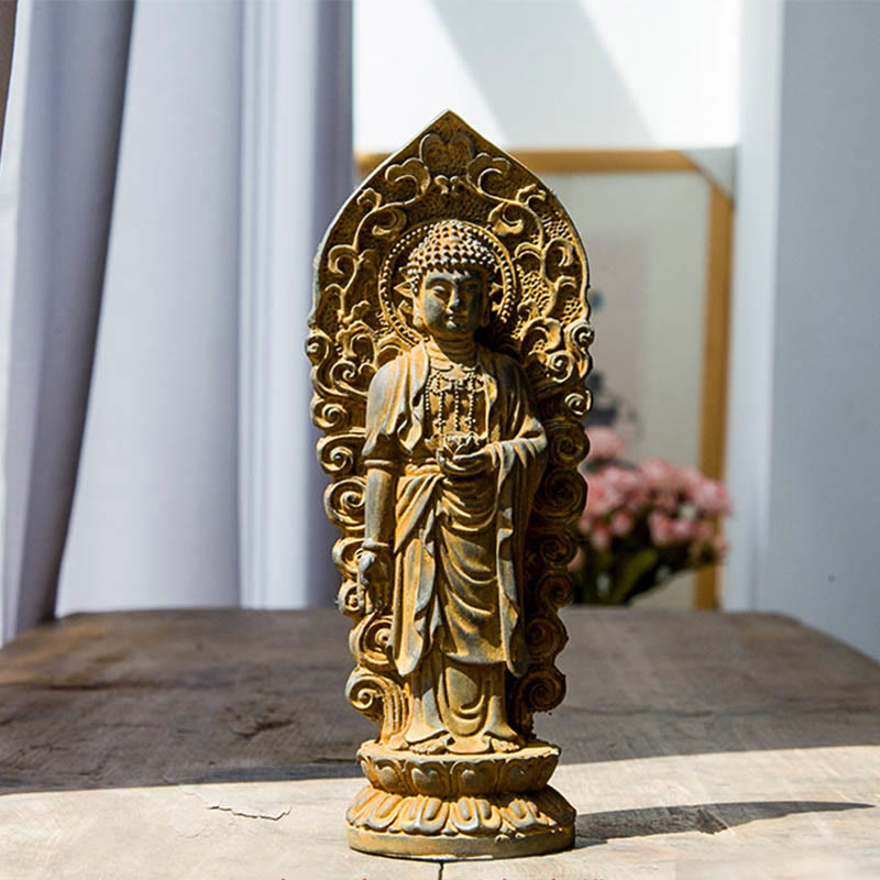 Amitabha Guanyin Trio Statue – full trio on carved wooden altar with incense burner setup