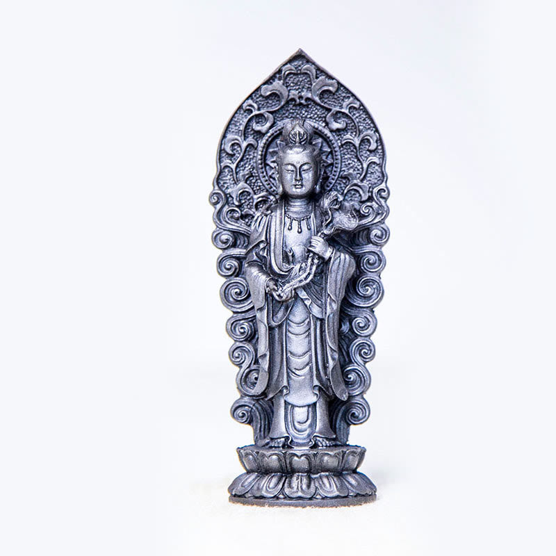 Amitabha Guanyin Trio Statue – rust powder resin texture close-up on sleeve drapery