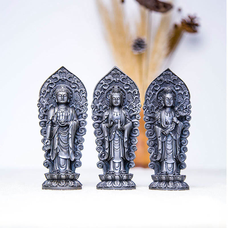 Amitabha Guanyin Trio Statue – trio beside singing bowl and mala for spiritual altar kit