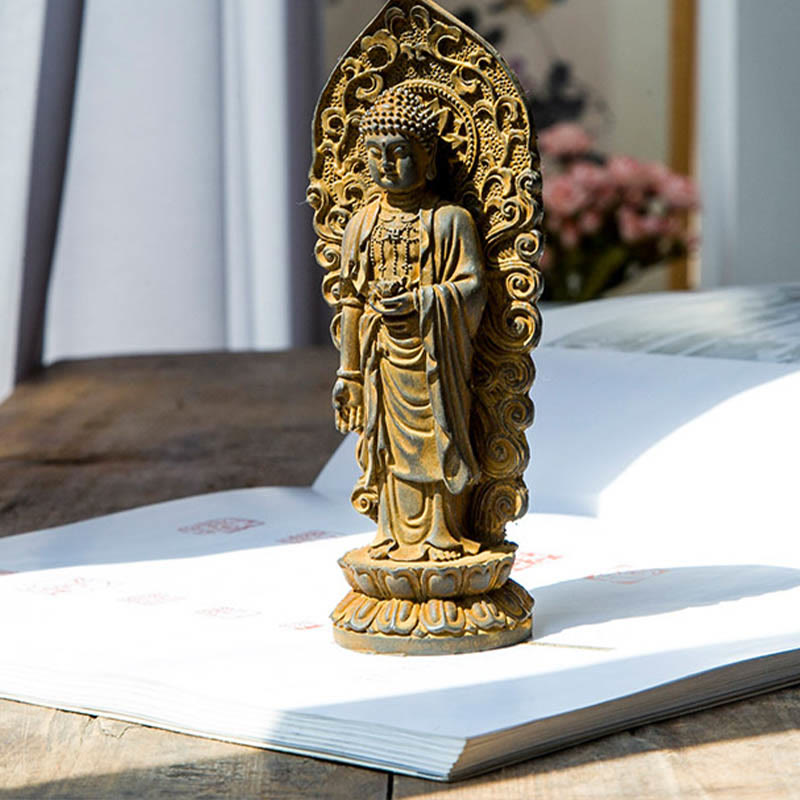 Amitabha Guanyin Trio Statue – Amitabha hand in welcoming mudra with golden light accent