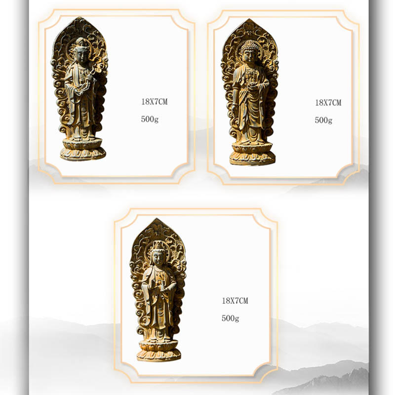 Amitabha Guanyin Trio Statue – overhead flat lay showing trio symmetry and base alignment