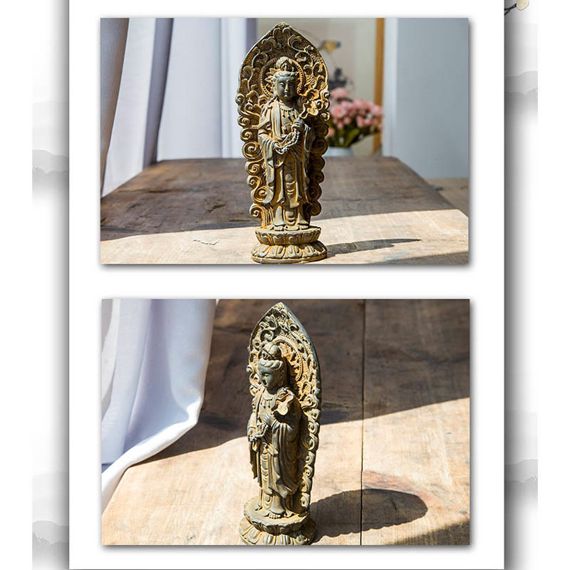 Amitabha Guanyin Trio Statue – back view with flowing robe carvings and mandala halo design