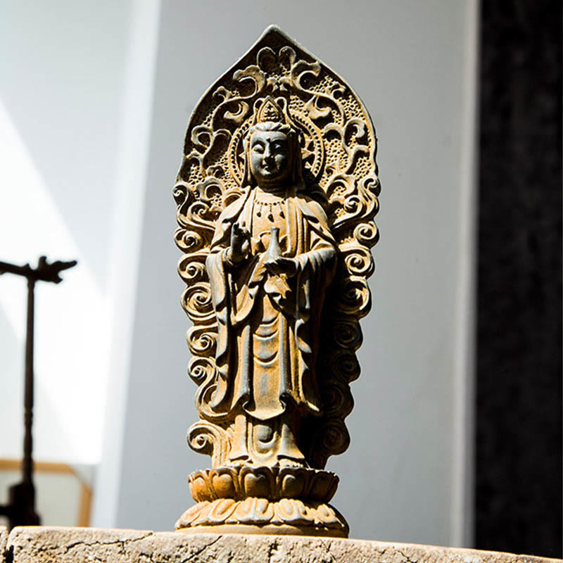 Amitabha Guanyin Trio Statue – close-up of lotus base petals with weathered antique look