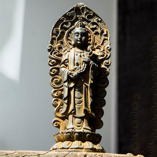 Amitabha Guanyin Trio Statue – Guanyin detail with willow branch and healing nectar flask