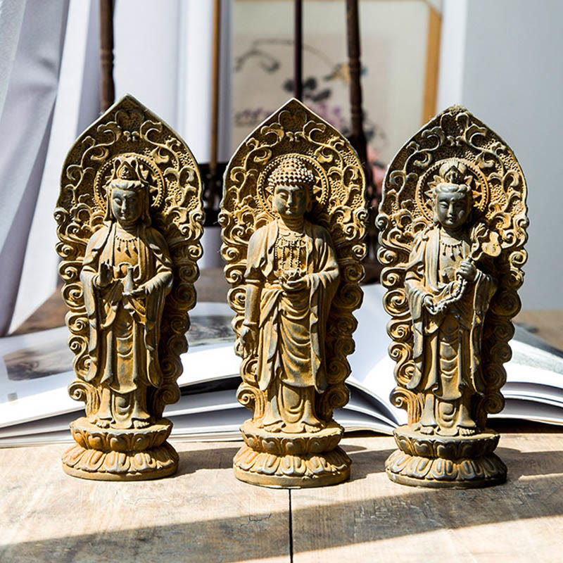 Amitabha Guanyin Trio Statue – front view of Buddha triad with Guanyin left compassionate