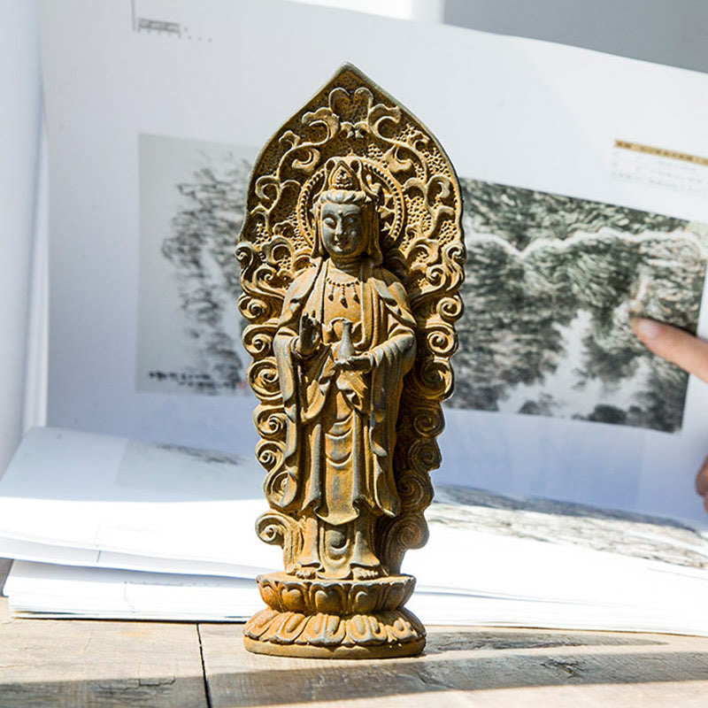 Amitabha Guanyin Trio Statue – individual statues displayed separately on wooden pedestals