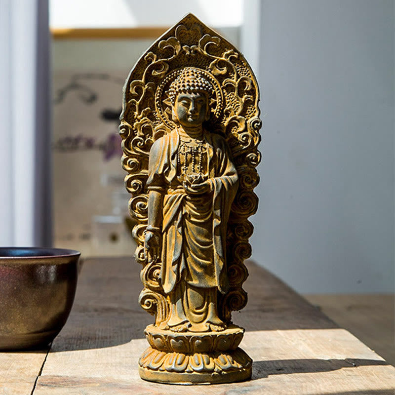 Amitabha Guanyin Trio Statue – textured rust iron powder finish detail on robe folds