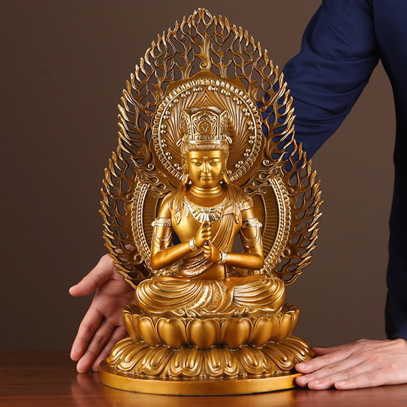 Tathagata Buddha Statue – front view of copper deity with radiant ushnisha crown detail