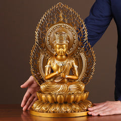 Tathagata Buddha Statue – front view of copper deity with radiant ushnisha crown detail