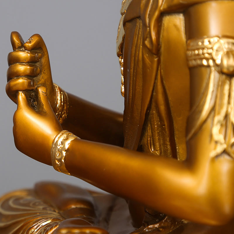 Tathagata Buddha Statue – full statue on rustic wood table with soft natural window light
