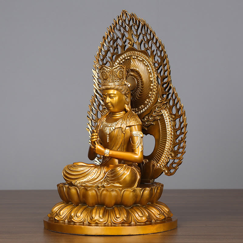 Tathagata Buddha Statue – two sizes comparison on altar cloth for home shrine selection