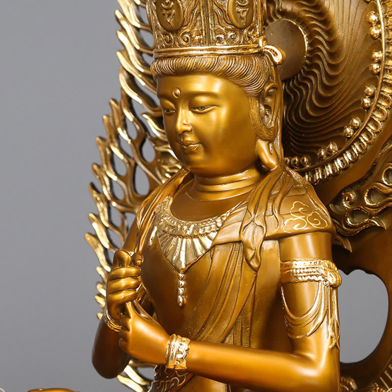 Tathagata Buddha Statue – back view with smooth copper finish and engraved halo pattern