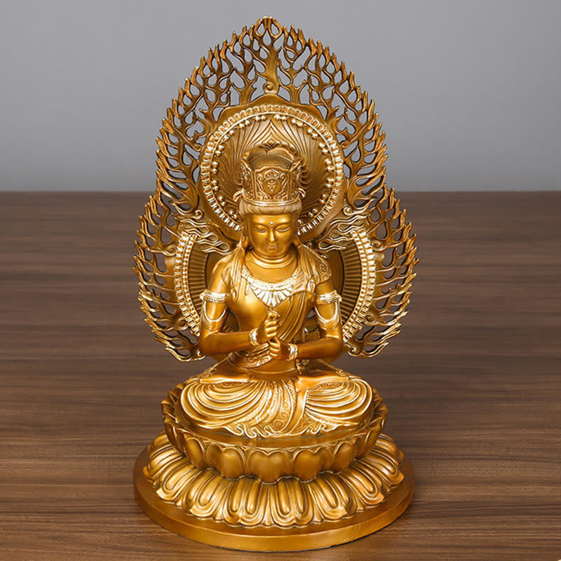 Tathagata Buddha Statue – copper surface texture with warm golden highlights and patina