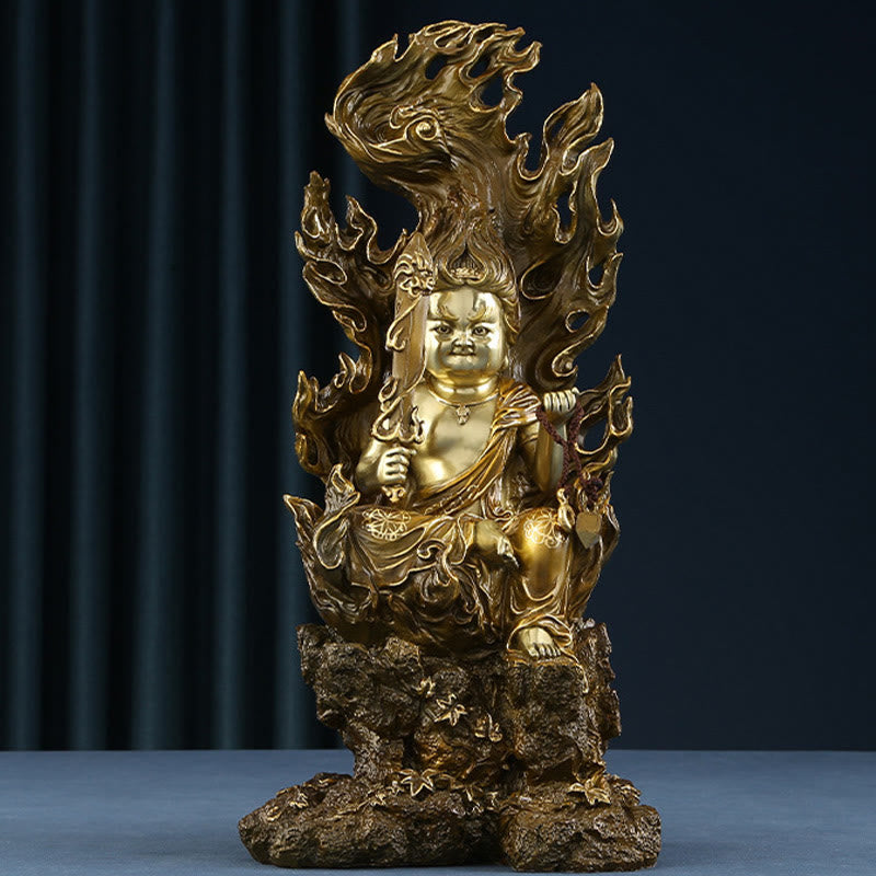 Acalanatha Buddha Statue – serene copper deity in meditation pose on carved wooden altar