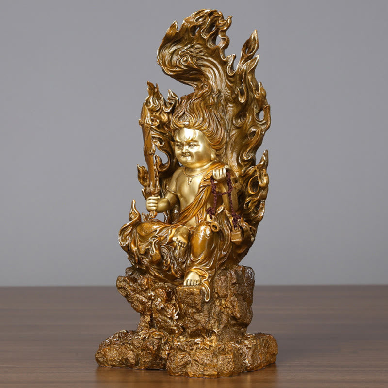 Acalanatha Buddha Statue – back view of copper body with ornate lotus pedestal base