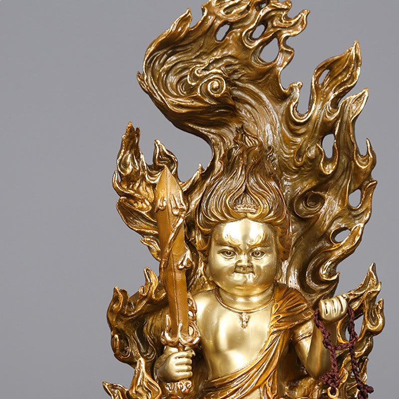 Acalanatha Buddha Statue – lotus throne base detail with petal carvings in antique copper