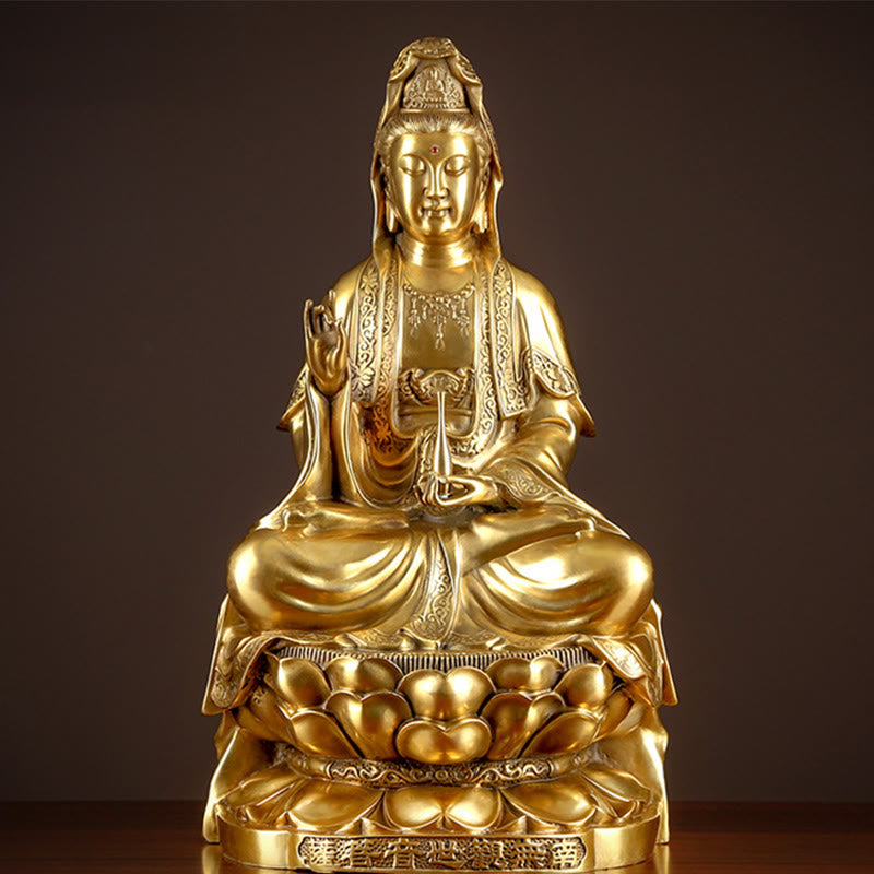Kwan Yin Wealth Brass Statue – front view golden seated pose, brass Buddhist home decor