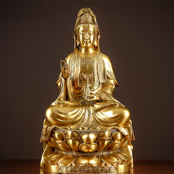 Kwan Yin Wealth Brass Statue – front view golden seated pose, brass Buddhist home decor