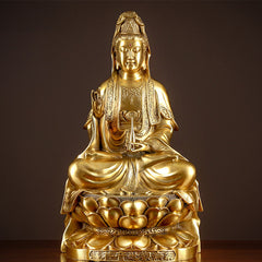 Kwan Yin Wealth Brass Statue – front view golden seated pose, brass Buddhist home decor